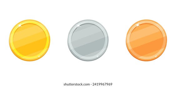 Set of medallions in gold, bronze and copper colors. Round coins in cartoon style. Blank badges for awards