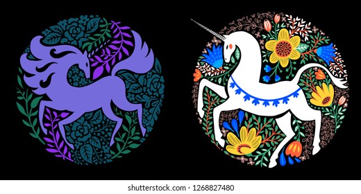 A set of medallions with unicorns. Day and night magical creature. Medallion with unicorn, flowers and magical herbs. Great for Halloween greeting cards, for printing on t-shirts and more.