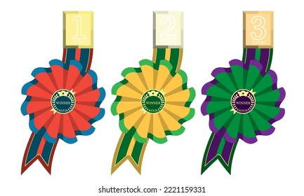 Set of medals with of 3 different colors. To present an award. In the upper part there is a metal badge, and at the bottom there is a long ribbon. 