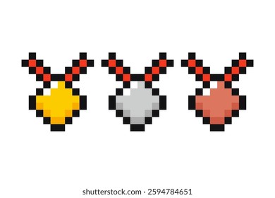 Set of medals in 8 bit game style. Pixel medals gold, silver, bronze.