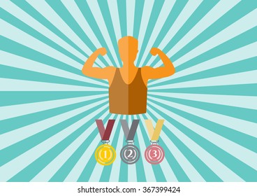 Set of medals and athlete silhouette , Vector illustrations