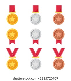 Set of medals. Collection of gold, silver and bronze badges. Award and achievement, trophy. Pack of stickers for social networks. Cartoon flat vector illustrations isolated on white background