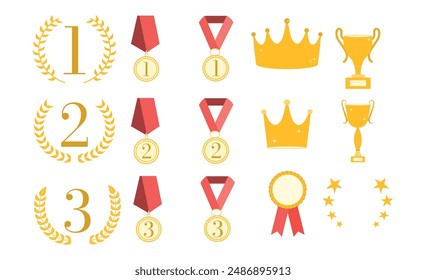 Set of medals, cups, crowns. Reward for victory. Vector. Wreath. Frame and textbox. Competing and tournament. Ranking template. Elements for design. Winner. Premium quality stickers