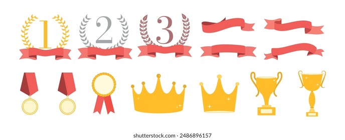 Set of medals, cups, crowns. Reward for victory. Vector. Wreath. Frame and textbox. Competing and tournament. Ranking template. Elements for design. Winner. Premium quality stickers