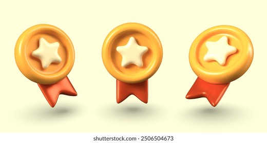 Set of medals in different positions. Festive rosette with star and decorative ribbon