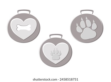 Set of medals for dogs in gray silver color with paw, heart and bone