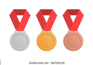 Set of medals in flat style. Silver, gold and bronze medals. Vector