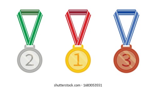 Eine Auswahl an Medaillen im flachen Stil. Silber, Gold und Bronze-Medaille-Symbol. Vektorillustration einzeln auf weißem Hintergrund.	