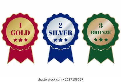 set medals gold bronze silver first place award, prize, medal, champion, best winner, victory symbol vector reward golden inscription ribbon isolated abstract graphic design template trophy
