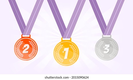 Set of medals. Gold, silver, bronze medals with purple ribbon. Flat style vector illustration, purple sunburst background. 

