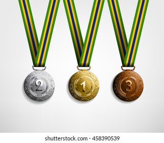 set of medals in gold ,silver and bronze for winner in sports of Olympic games.