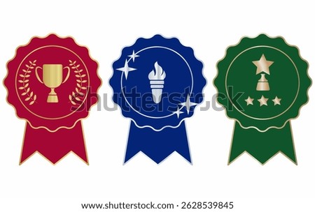 set of medals with gold, silver, bronze, award prize cup, torch, winner, star