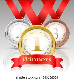 Set medals.  gold, silver, bronze.Winner simbol.  Realistic vector illustration.