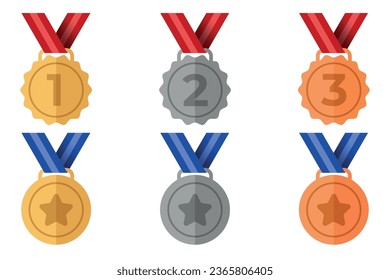 Set of medals icon. Gold, silver, bronze metal realistic badge with first, second, third placement achievement. Medal with ribbon vector illustration