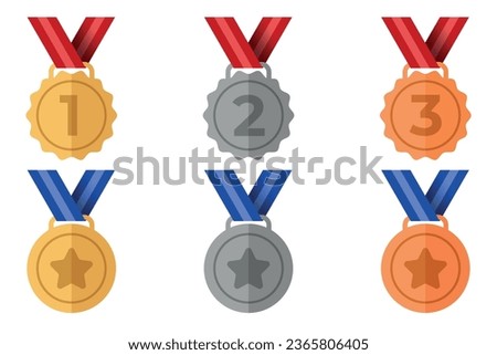 Set of medals icon. Gold, silver, bronze metal realistic badge with first, second, third placement achievement. Medal with ribbon vector illustration