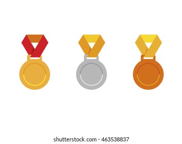 Set of medals icons; gold, silver, bronze. Sport award; victory emblem; vector winner illustration isolated on white