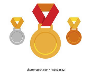 Set of medals icons; gold, silver, bronze. Sport award; victory emblem; vector winner illustration isolated on white