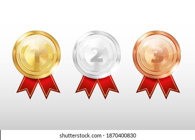 Set of medals isolated on a white background. Three medals with red ribbons: silver, gold and bronze with numbers. Vector illustration.