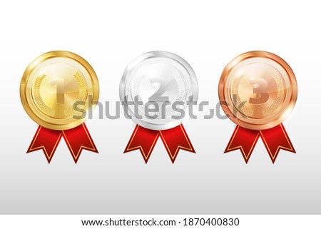Set of medals isolated on a white background. Three medals with red ribbons: silver, gold and bronze with numbers. Vector illustration.