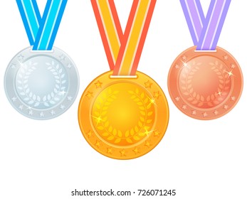 Set of medals on a ribbon. Gold, silver and bronze medal isolated on white background. Vector illustration