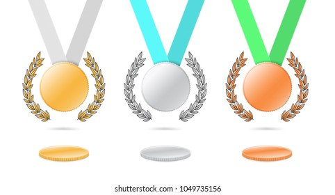 A set of medals on ribbons with laurel wreaths. Gold, silver and bronze medals. Vector illustration on white background. EPS10.