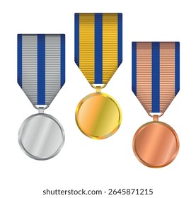 Conjunto de medallas sobre fondo blanco. Medalla de oro, plata y bronce. Ilustración vectorial