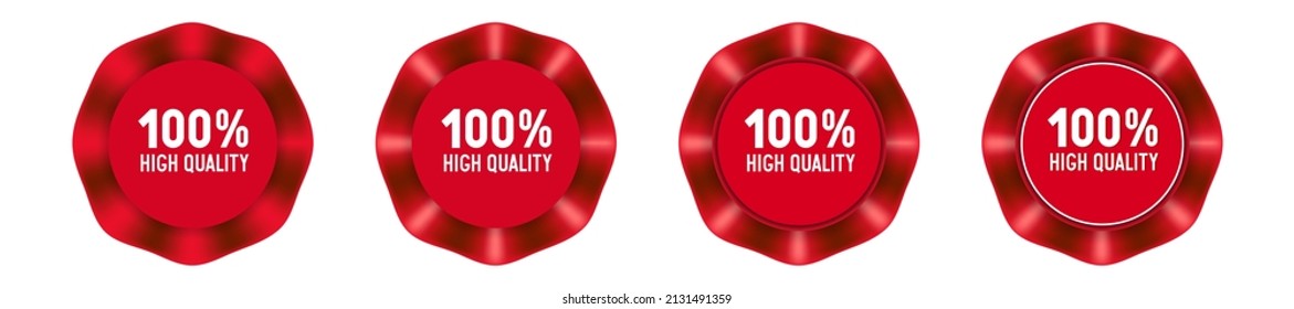 A set of medals "One Hundred Percent Quality". Red labels isolated on white background. Vector clipart.