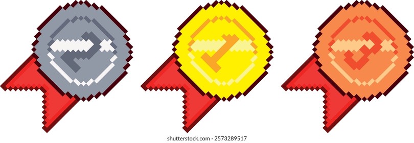 Set of medals in pixel art design. Vector medals.
