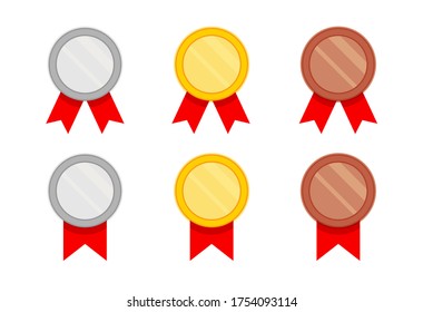 Set of medals with red ribbon in a flat style. Silver, gold and bronze medal icon. Vector illustration of trophy isolated on white background.