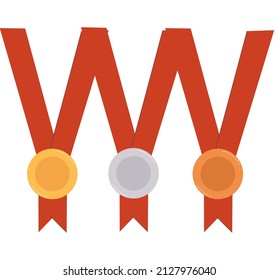 A set of medals with a red ribbon for the winners. Competitor Award. Medal icon on a white background. Flat vector illustration. Eps10