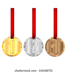 set of medals with red ribbons isolated on white background