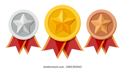 Set of medals with red ribbons and star shapes. Gold, silver, bronze champion. Winners medallion. First, second, third place, achievement, award, prize, leader badge or bonus. Flat style illustration