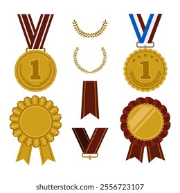 Set of medals and ribbons element for awards and achievements. Medal element creation set.