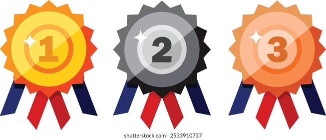 Set of medals with ribbons and star shapes.