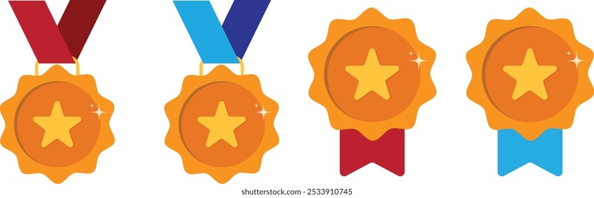 Set of medals with ribbons and star shapes.