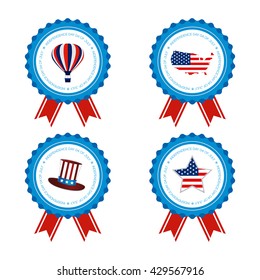 Set of medals with text and different icons for independence day celebrations