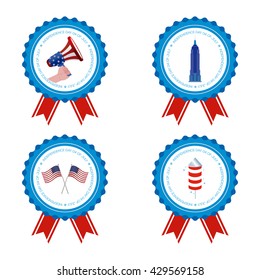 Set of medals with text and different icons for independence day celebrations
