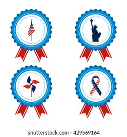Set of medals with text and different icons for independence day celebrations