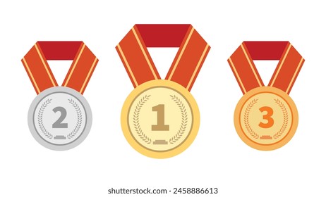 Set of medals tied with red ribbons, gold, silver and bronze medals