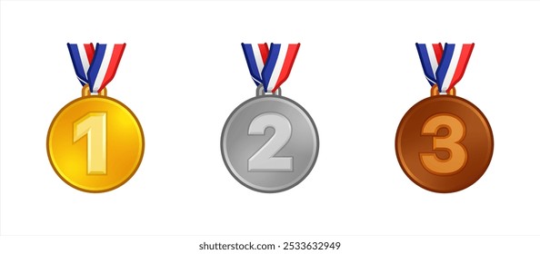 Set of medals tied with red ribbons, gold, silver and bronze medals, vector 10 eps.