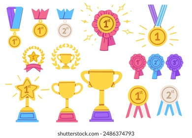 A set of medals, trophies, and various other awards. Prizes for winning places. Golden, silver and bronze awards vector illustration isolated on white background