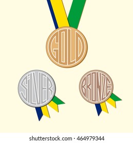 Set of medals with typographical inscription gold, silver, bronze for Olympic Games, World and regional championships, international sports, dance, art, music, competitions