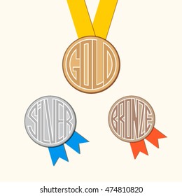 Set of medals with typographical inscription gold, silver, bronze for Games, World and regional championships, international sports, dance, art competitions and various other competitions