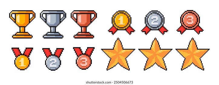 Set of medals, winner cups, badges and stars in pixel art style. Vector illustration.