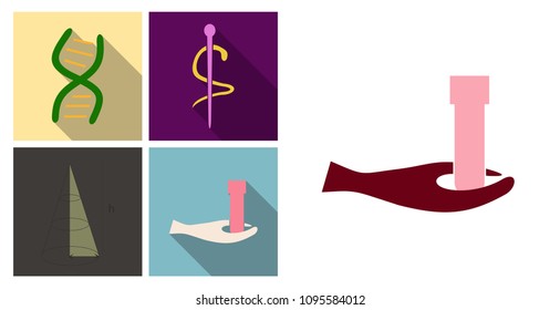 Set of medecine icons in flat style with shadow. DNA Laboratory tube medecine sign.