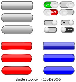 Set of media buttons. Multicolored buttons with chrome frame. Vector 3d illustration. Slider switches. Radio buttons. Caption is on, off.