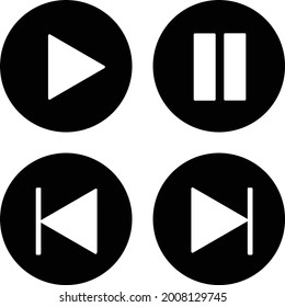 Set of Media Buttons (Play, Pause, Previous and Next buttons) Vector Icon in Black Circle
