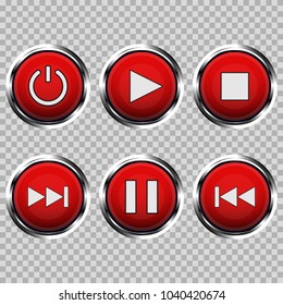 Set of media buttons. Red round buttons with chrome frame. Vector 3d illustration.