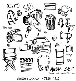 Set of media cinema movie doodle illustration Hand drawn Sketch line vector