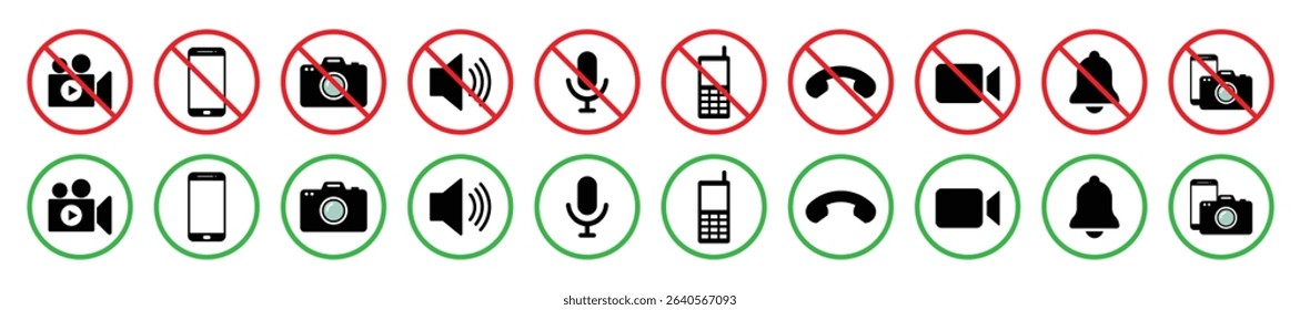 Set of media control icons with red prohibition and green permission signs. Includes camera, mobile, mic, video, bell, speaker, and call symbols. Perfect for public signage and UI use.